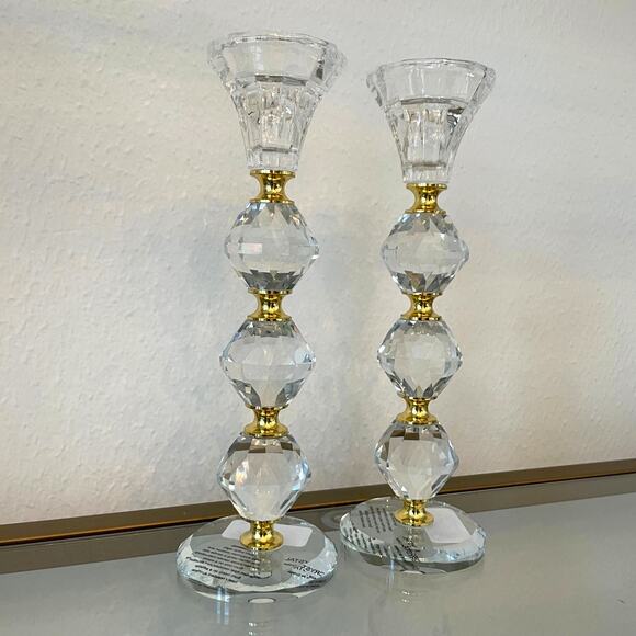 Faceted Crystal & Brass Candlestick Holders 9in Set of 2 Baroque Style NEW - Picture 8 of 10